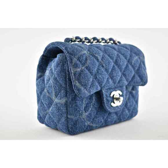 Chanel 20B Blue Denim Mini Square CC Logo Quilted Silver Chain Crossbody Bag - Picture 5 of 12